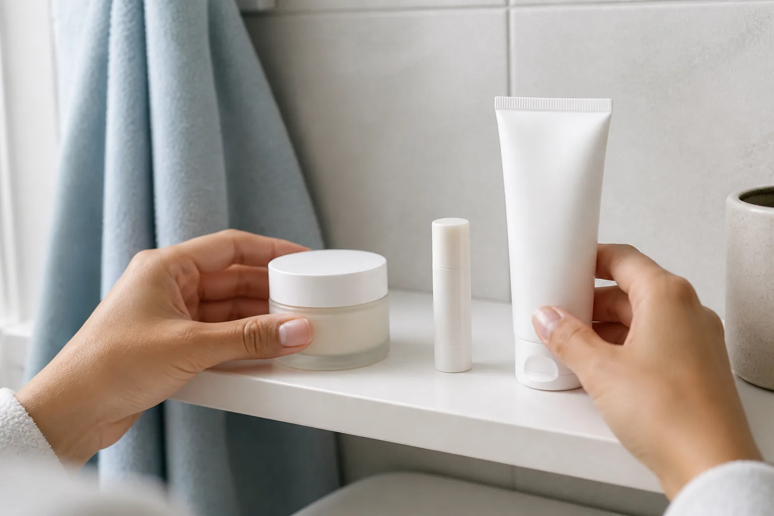 Rutina suave con hidratante, bálsamo labial y fotoprotector sin marca