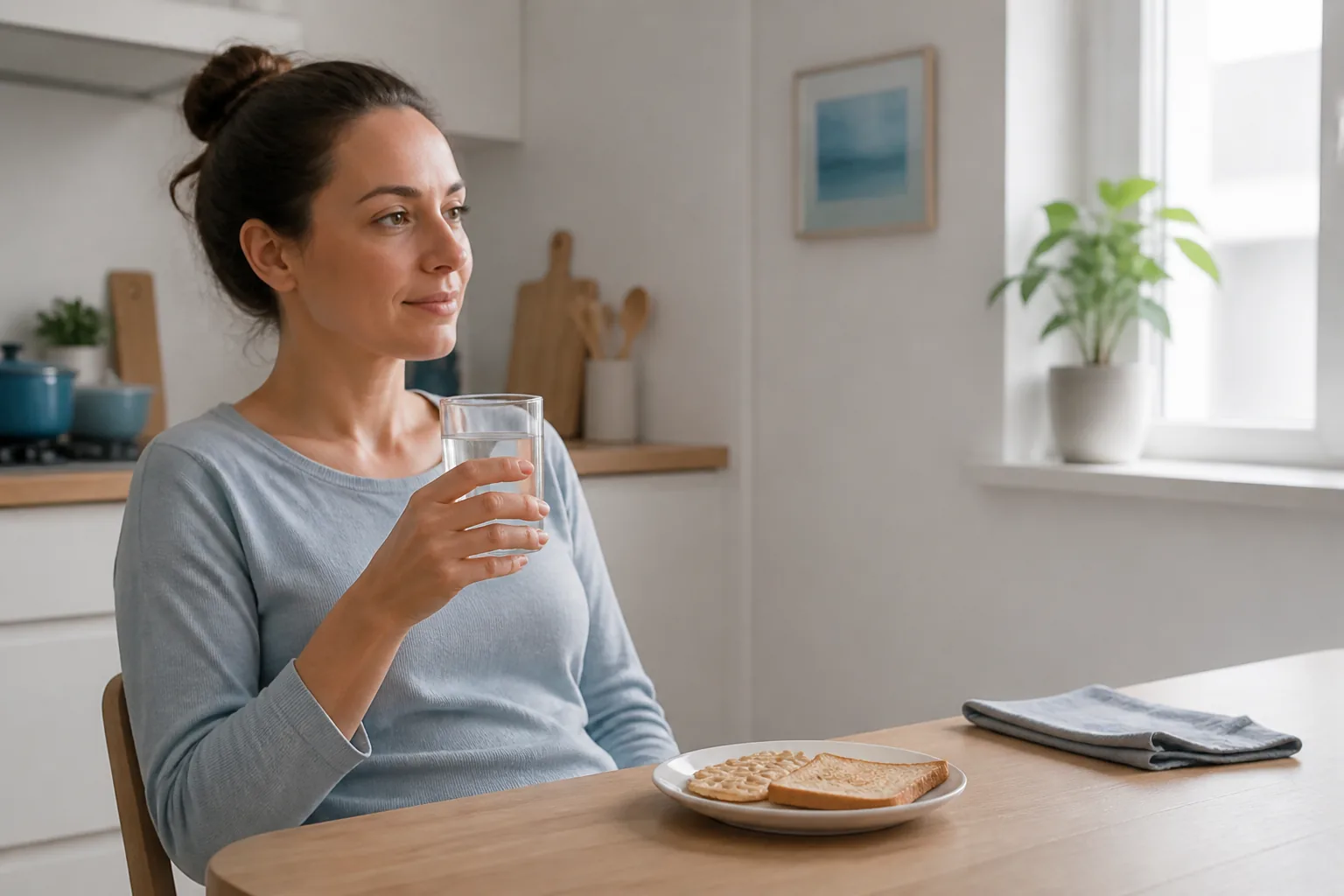 Persona recuperándose en casa con agua y alimentos sencillos