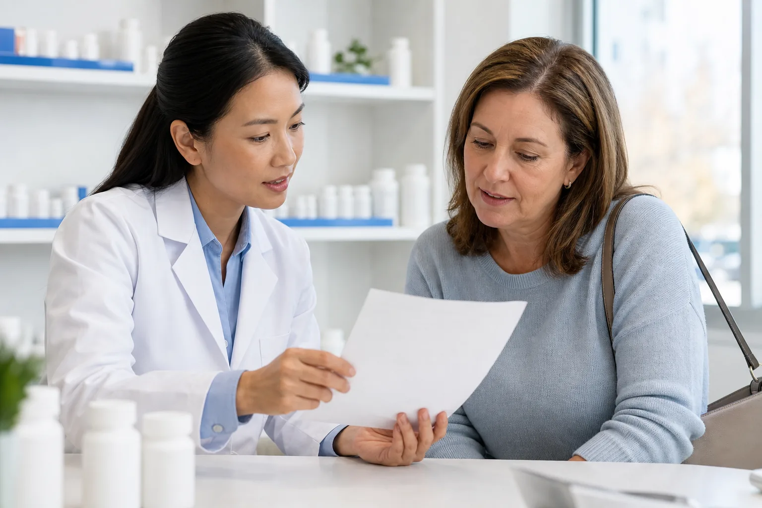 Farmacéutica revisando la medicación de un paciente adulto
