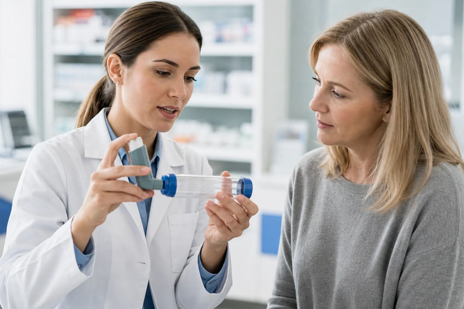 Farmacéutica enseñando a usar un inhalador con cámara espaciadora